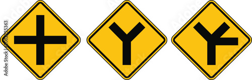 Fotografía Yellow warning road sign vector set featuring intersection crossroad and y junct