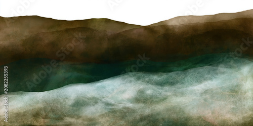 abstract painting evokes misty green and brown mountain landscape with fluid brushstroke texture