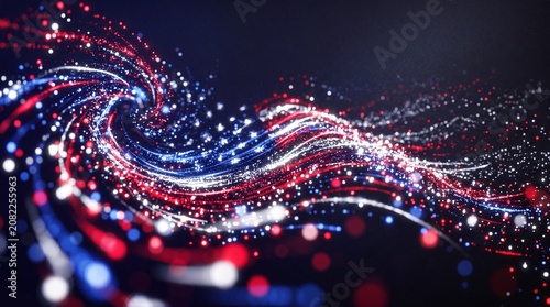 Vibrant red, white, and blue light trails on dark background, abstract technology and data visualization concept