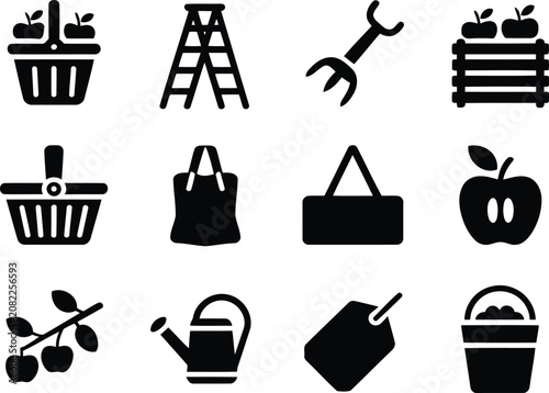 Tableau sur toile Set of black icons for apple harvesting farming gardening and farm market shoppi