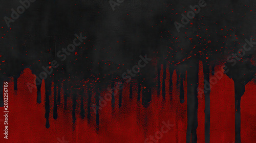 dark grunge halloween background featuring dramatic blood splatter and dripping paint on textured black wall