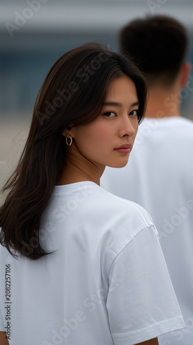 Asian couple in white T-shirt mockup 