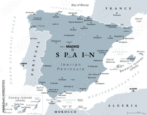 Photos Spain, gray political map with capital Madrid
