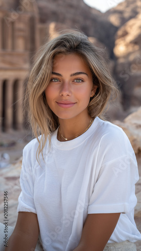 Travel fashion mockup of a young woman in a blank white t-shirt 