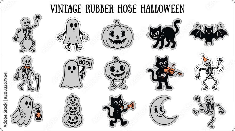 Naklejka premium Retro 1930s Vintage Cartoon Halloween Vector Elements Bundle