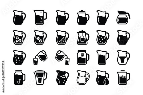 Minimalist Beverage Pitcher and Mug Icons Set Collection, Black Silhouette Kitchen Drink Container Vector Pack Isolated on White Background