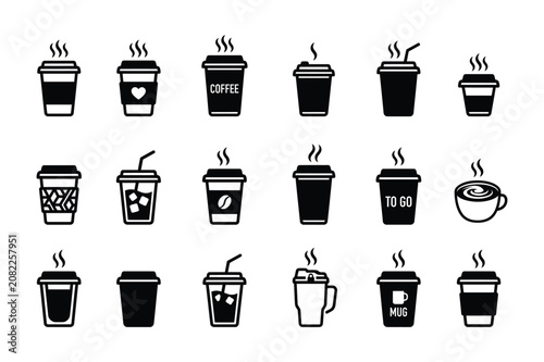 Minimalist Hot Coffee Cup Icons Set, Black Silhouette Takeaway and Cafe Beverage Vector Collection Isolated on White Background