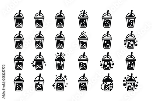 Minimalist Bubble Tea and Boba Drink Icons Set, Black Silhouette Milk Tea Takeaway Beverage Vector Collection Isolated on White Background