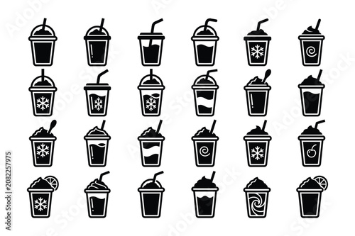 Minimalist Takeaway Coffee Cup Icons Set, Black Silhouette Hot and Cold Beverage Vector Collection Isolated on White Background