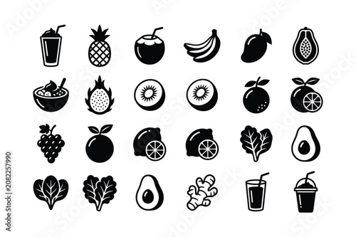 Minimalist Healthy Fruit and Fresh Juice Icons Set, Black Silhouette Tropical Fruits and Beverage Vector Collection Isolated on White Background
