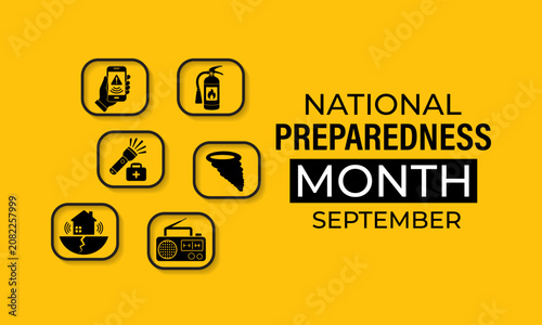 National Preparedness Month is an annual observance recognized every September. Banner featuring emergency readiness icons with bold black typography on a yellow background.