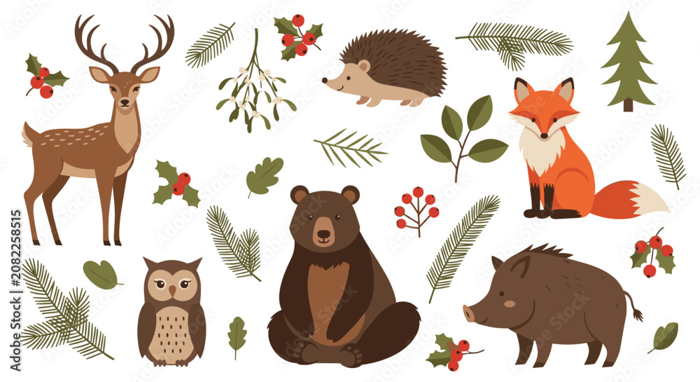 Obraz premium Extensive collection of woodland animals including deer, bear, owl, fox, and boar with various forest plants and berries.