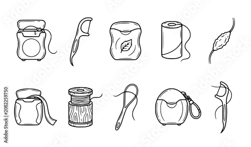 Foto Dental Floss Types Hand Drawn Line Art Icon Set for Oral Hygiene Vector Collecti