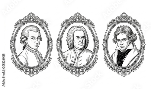 Bild auf Leinwand Historic Composer Portrait Collection with Mozart Bach and Beethoven in Elegant
