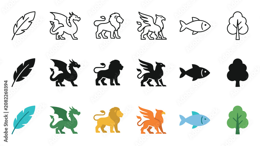Fototapeta premium Collection of diverse nature, animal, and fantasy creature icons presented in three distinct styles: outline, silhouette, and flat color.