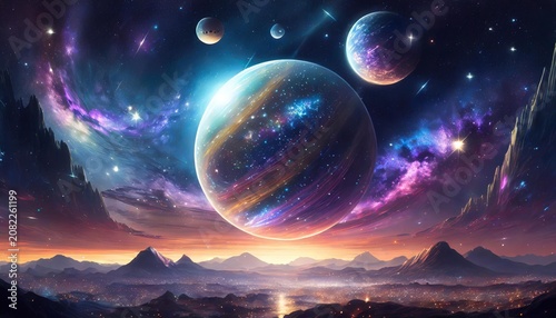Celestial landscape with glowing planet