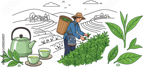 Bild auf Leinwand Traditional Asian Woman Plucking Tea Leaves Vector Illustration Set with Plantat