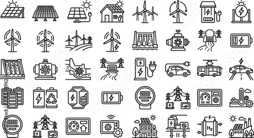 Obraz na płótnie Renewable clean energy generation and sustainable power grid line icon set featu