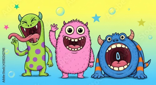 three colorful cartoon monsters with big eyes and smiles standing together in a row on a yellow and 