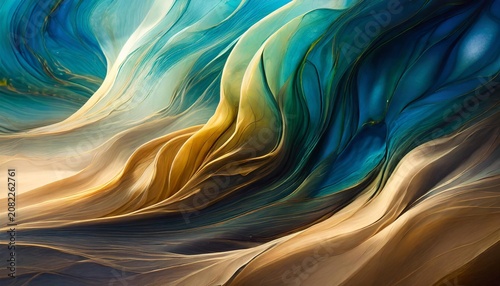 Abstract fluid forms in teal and gold