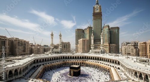 A large crowd of people gathered around the Kaaba in Mecca Saudi Arabia during Hajj pilgrimage with 