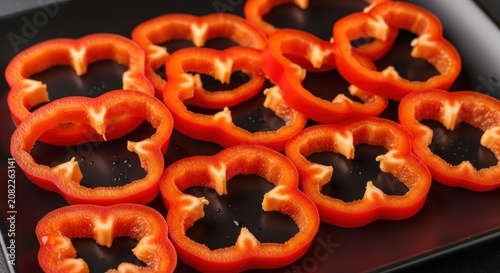 sliced red bell peppers on a dark surface ready to be cooked red bell pepper sliced pepper vegetable