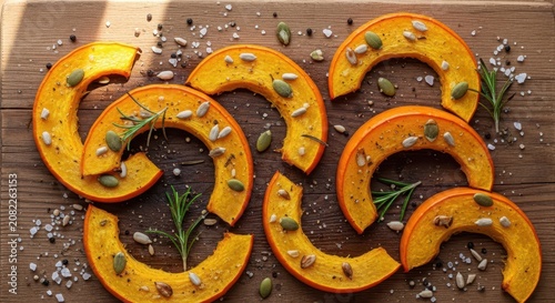 Sliced pumpkin on a wooden table with herbs and seeds scattered around the vegetable pieces on a rus