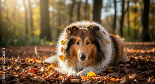 A collie dog lies on the ground covered with fallen leaves in forest autumn leaves canine animal col
