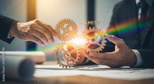 Two businesspeople collaborating on a project with gear mechanism and rainbow light beam in a modern