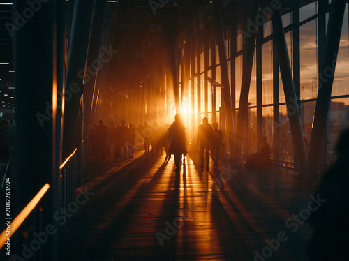 Silhouetted People Walking Toward Bright Sunset Through Modern Corridor