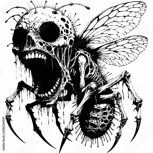 bee skull with wings and flowers