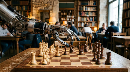 Large lego robot dinosaur playing chess on wooden table in bright room with bookshelves
