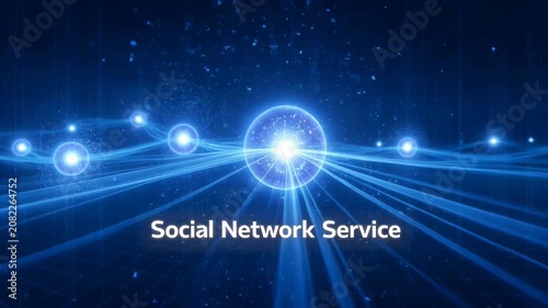 Digital network glowing with light particles moving towards a central bright sphere in a dark blue abstract environment