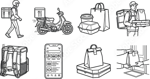 Obraz na płótnie Restaurant food delivery service and online ordering line icon set featuring sco