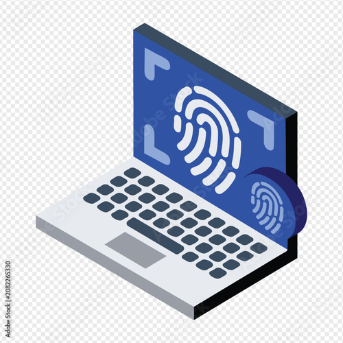 Isometric laptop fingerprint scanner icon for biometric security verification