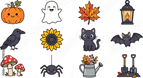 Cute Autumn Halloween Icons Set with Fall Elements and Spooky Characters