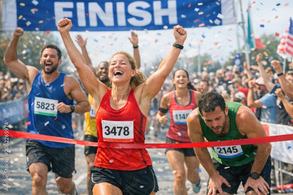 Fototapeta premium A woman completes her marathon run, exhaustion and accomplishment written on her face