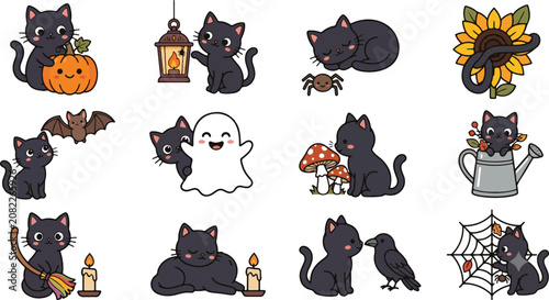 Cute Black Cat Illustration Set for Halloween and Autumn Season Projects