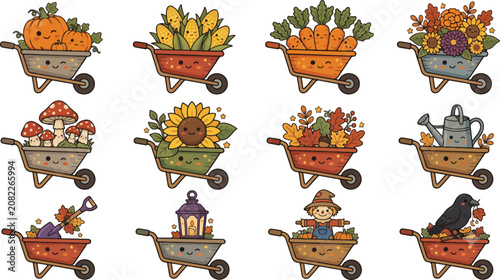 Set of Cute Autumn Wheelbarrow Icons with Seasonal Harvest Decorations