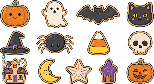 Set of Cute Halloween Cookie Illustrations Isolated on White Background