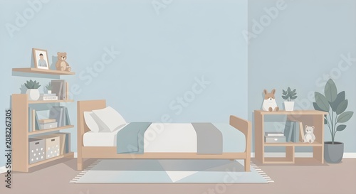 Clean Minimalist Boy's Bedroom Flat Illustration