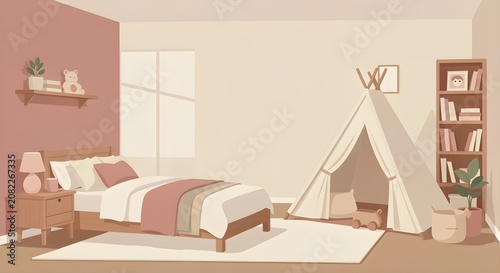 Clean Minimalist Girl's Bedroom Flat Illustration
