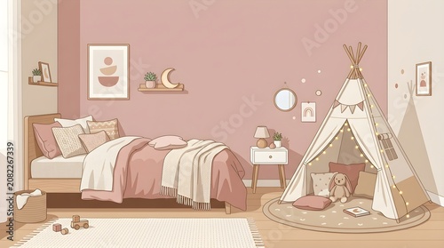 Clean Minimalist Girl's Bedroom Digital Graphic Illustration