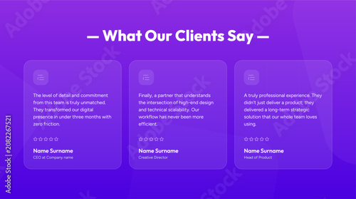 Purple Modern Website Testimonial Section Design with Glassmorphism Effect