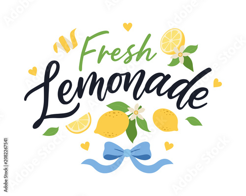 Vector illustration of fresh yellow lemons with green leaves, white blossoms and blue ribbon bows. Cute citrus clipart set for summer packaging, labels, kitchen decor and Mediterranean themes. Design!