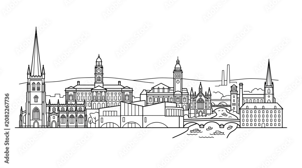 Fototapeta premium Cityscape Outline: Historic Buildings and Riverfront in Black and White