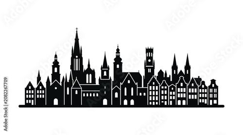 Black Silhouette of European City Skyline with Historic Buildings