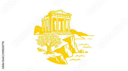 Ancient Greek Temple on Cliff with Olive Tree and Sea, Yellow Illustration