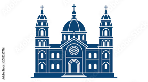 Blue Church Icon with Dome and Towers, Religious Building Illustration