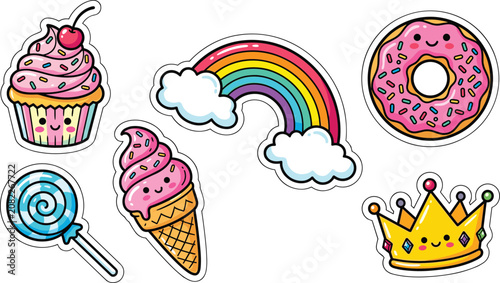 Fotografía Cute Kawaii Sticker Set with Cupcake Rainbow Donut Lollipop Ice Cream and Crown